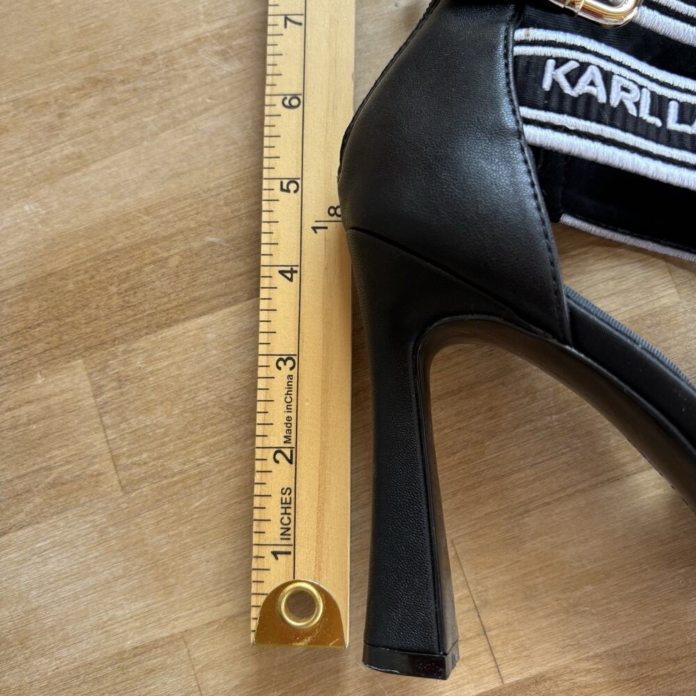 Karl Lagerfeld Paris Black Logo Strap Stiletto Heels 8M Elastic Designer Sandals - Picture 4 of 10